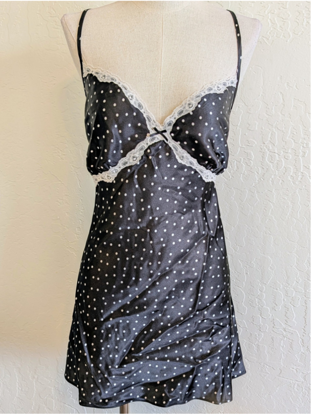 Black Polka Dot Slip Dress Lace Trim XL Coquette Y2K Lingerie Style Satin